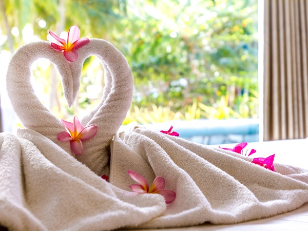 towel decoration in hotel room, towel birds, swans, room interio